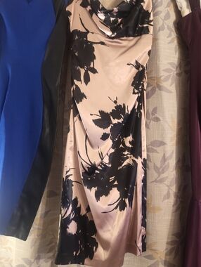 Maggy London Blush Pink and Black Floral Satin Midi Dress